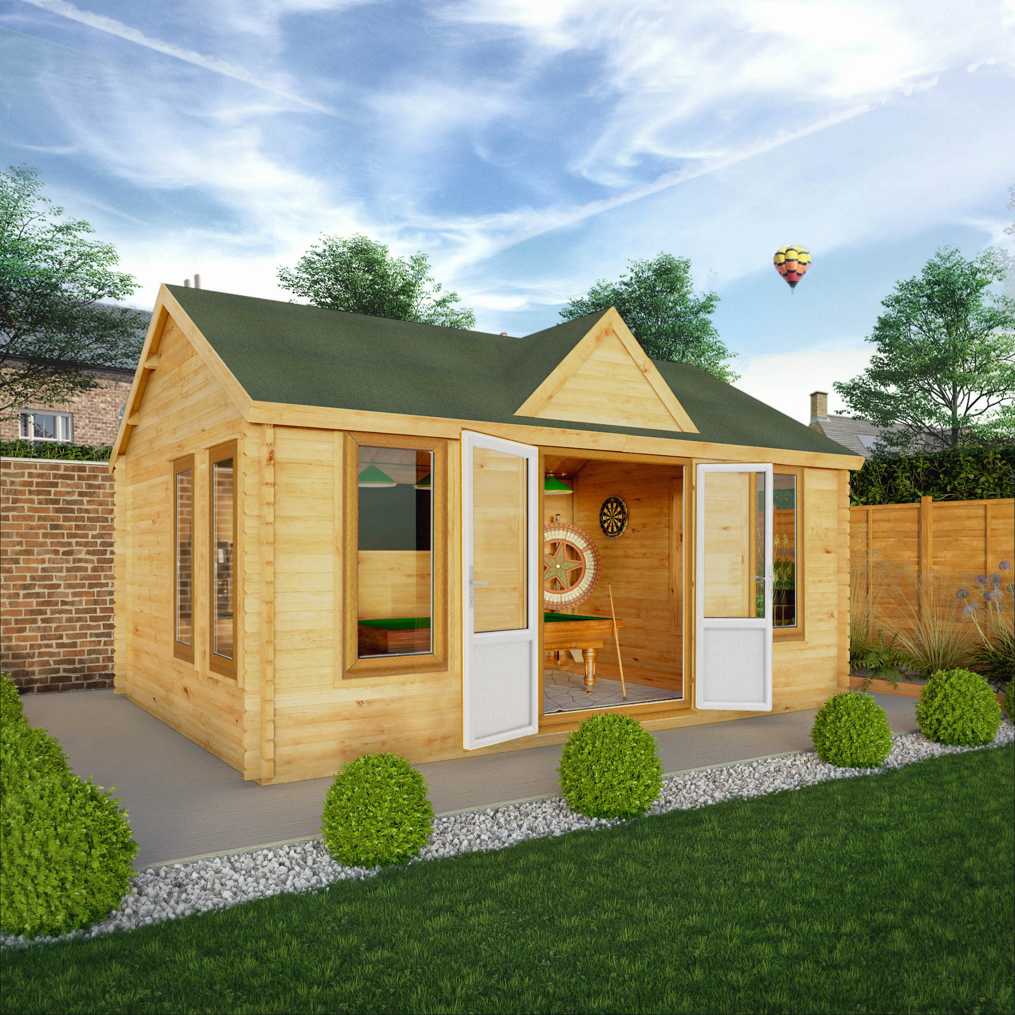 5.3m x 4m Clock Tower Log Cabin - UPVC Oak