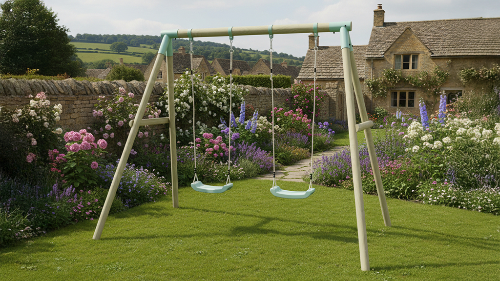 Mercia Double Swing Set in a countryside garden