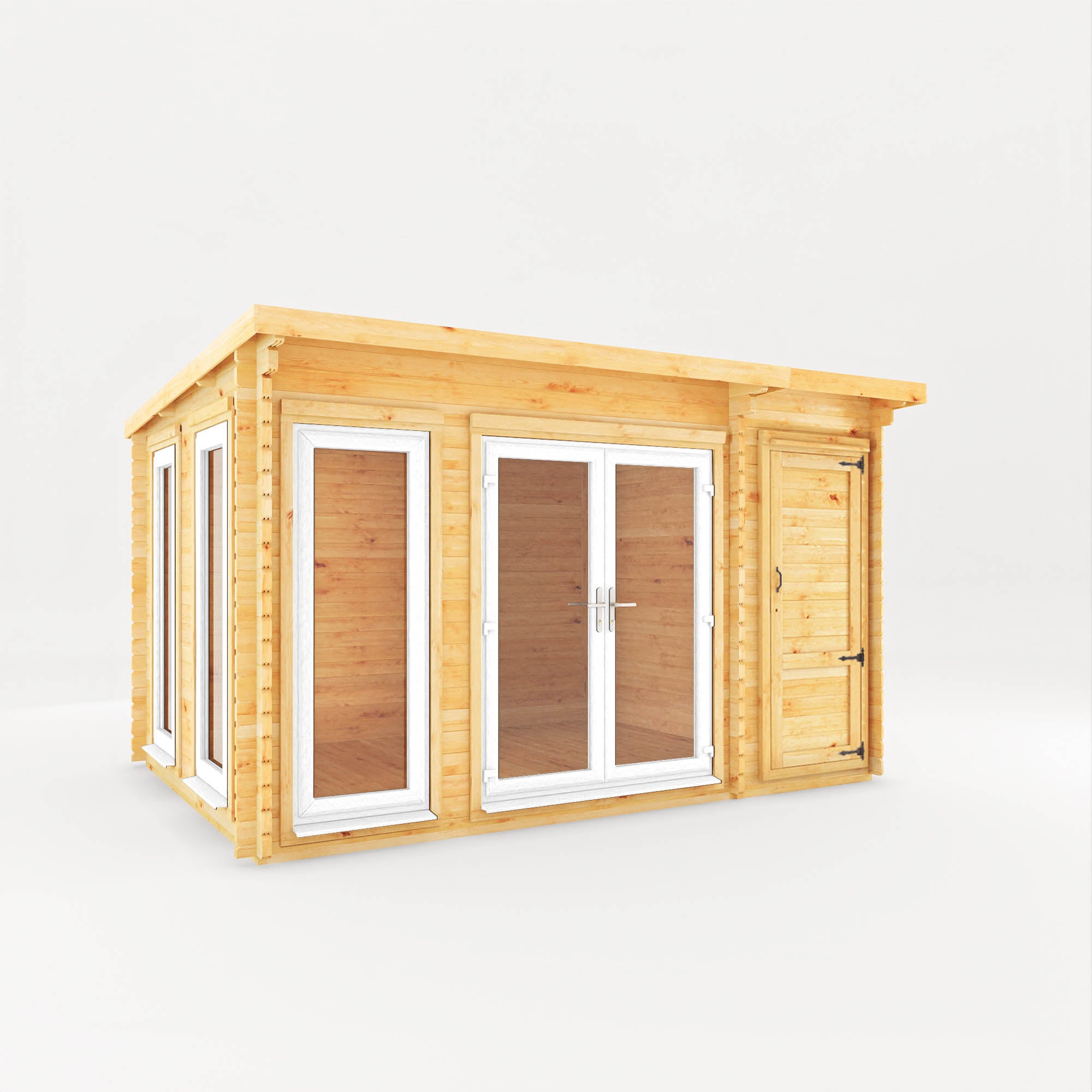 4.1m x 3m Studio Pent Log Cabin with Side Shed - UPVC White
