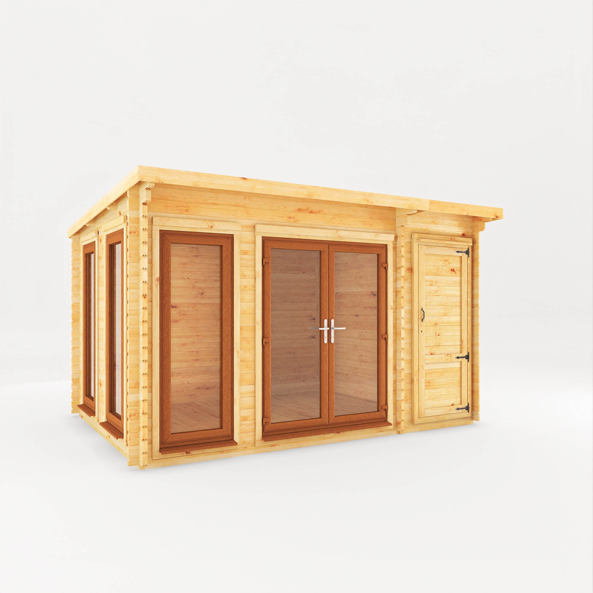 4.1m x 3m Studio Pent Log Cabin with Side Shed - UPVC Oak