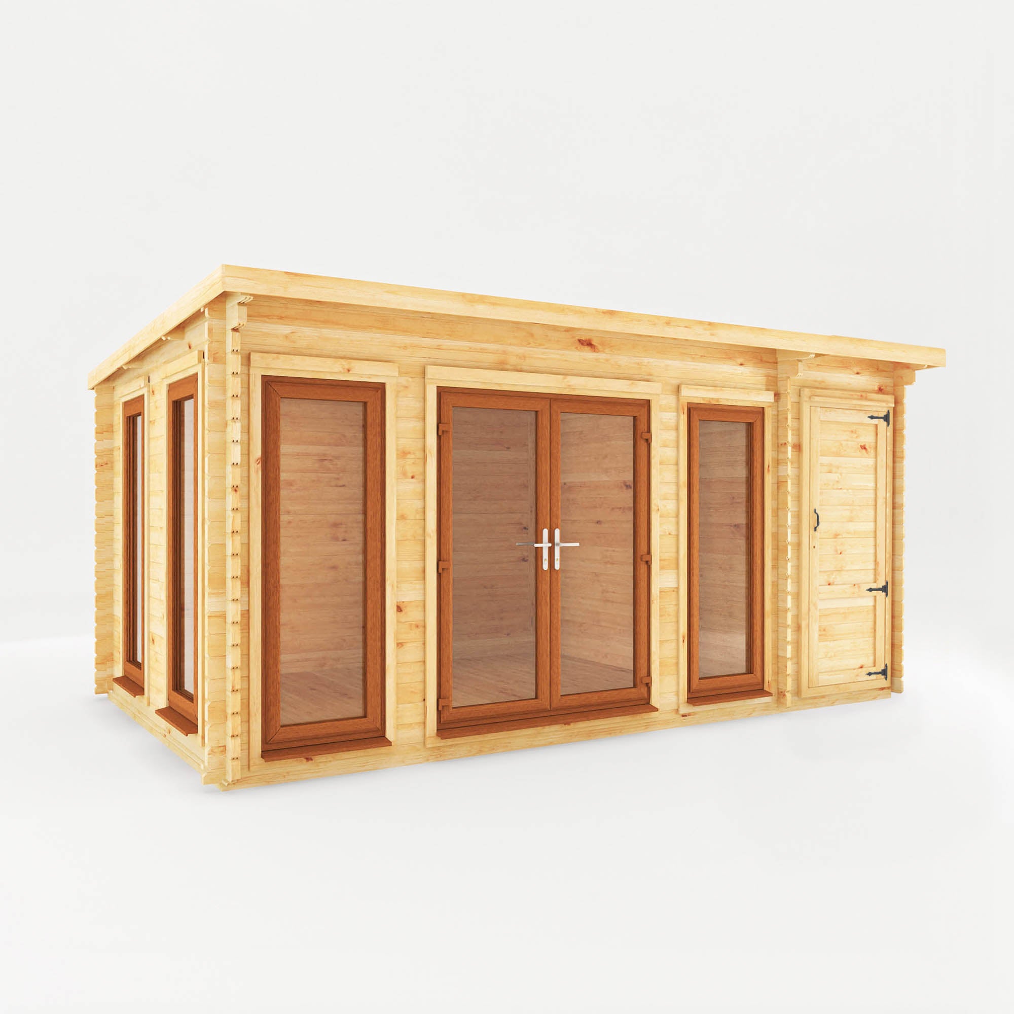 5.1m x 3m Studio Pent Log Cabin with Side Shed - UPVC Oak