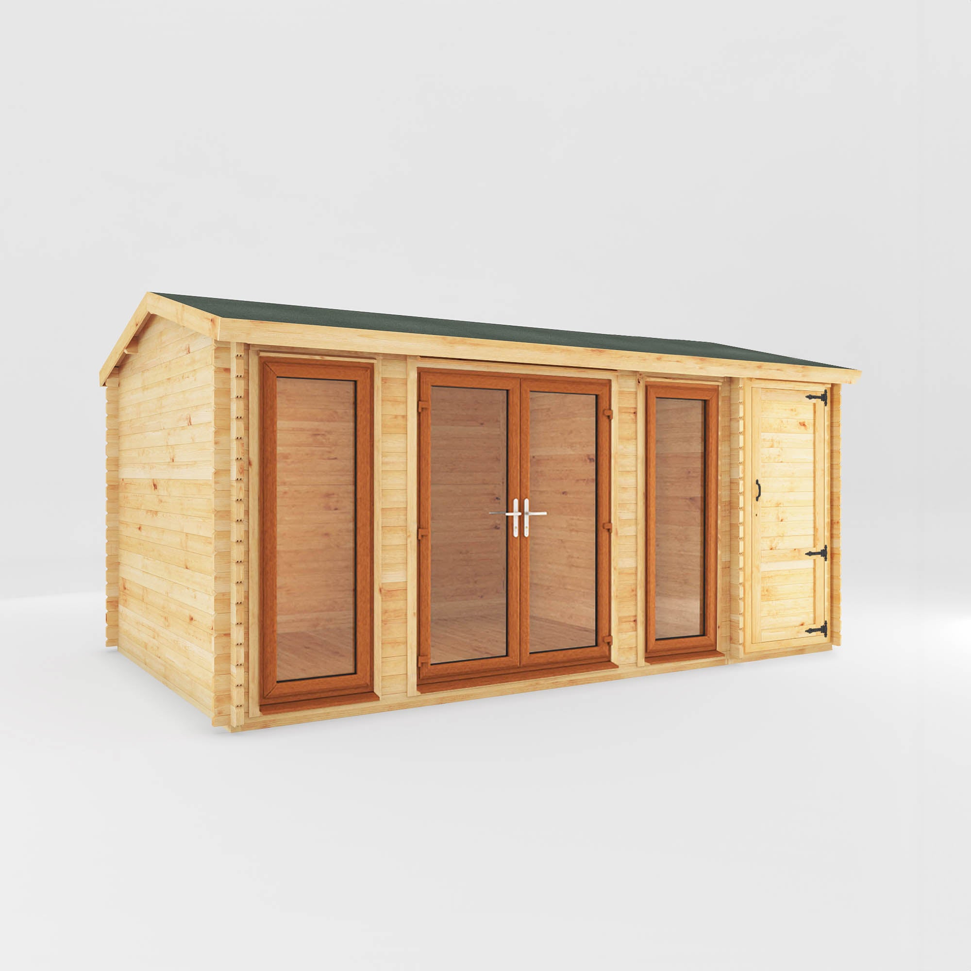 5.1m x 3m Home Office Studio Log Cabin with Side Shed - UPVC Oak