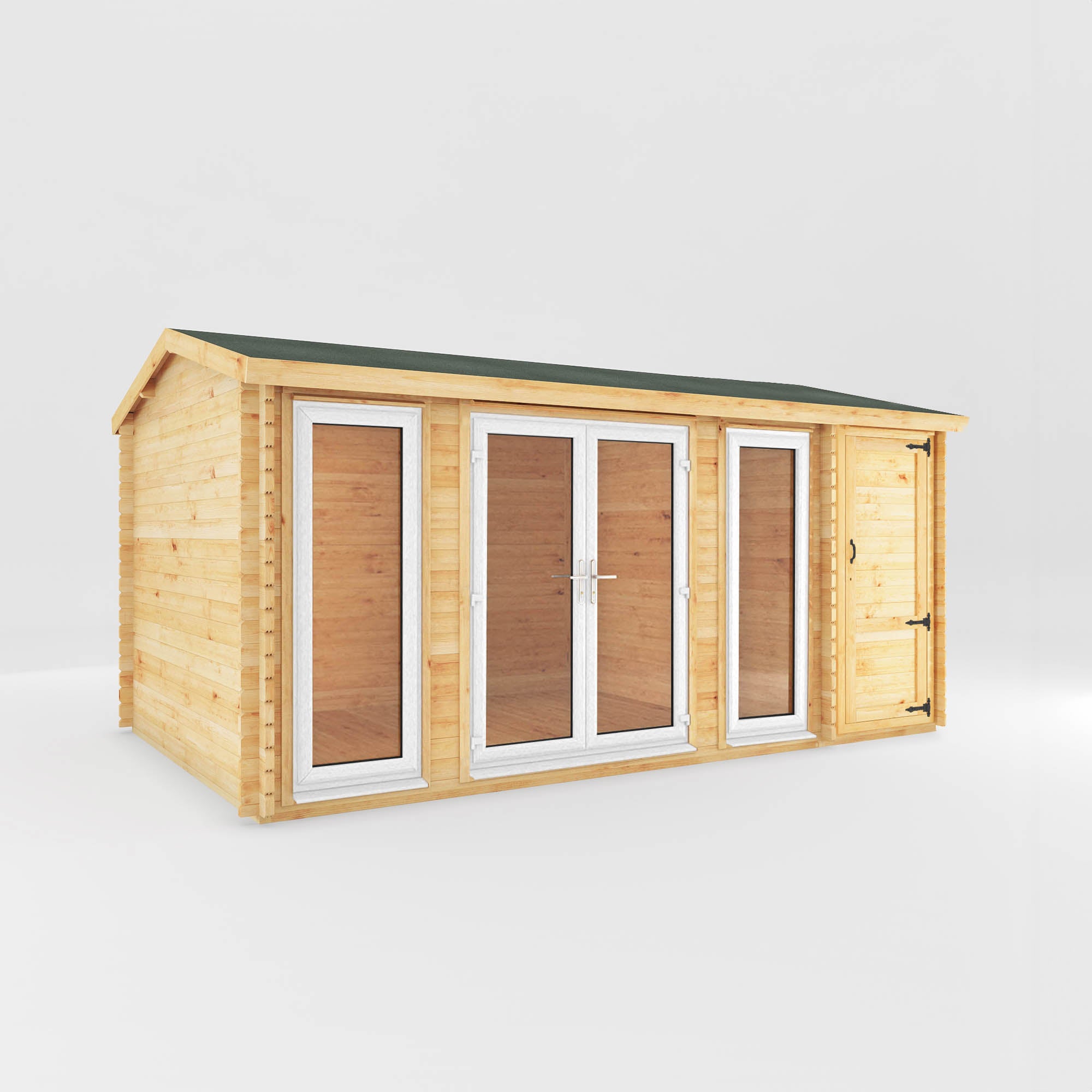 5.1m x 3m Home Office Studio Log Cabin with Side Shed - UPVC White