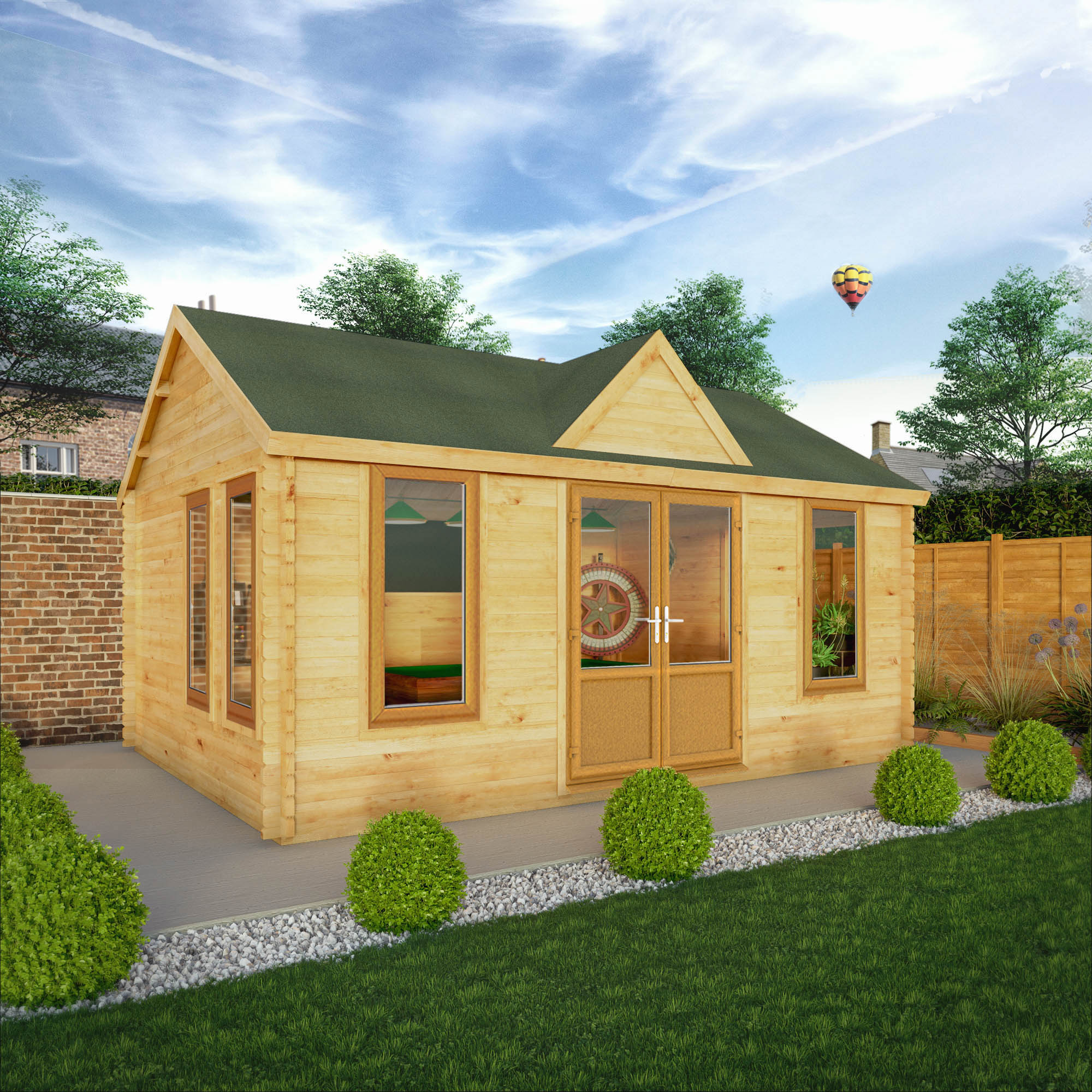 5.3m x 4m Clock Tower Log Cabin - UPVC Oak