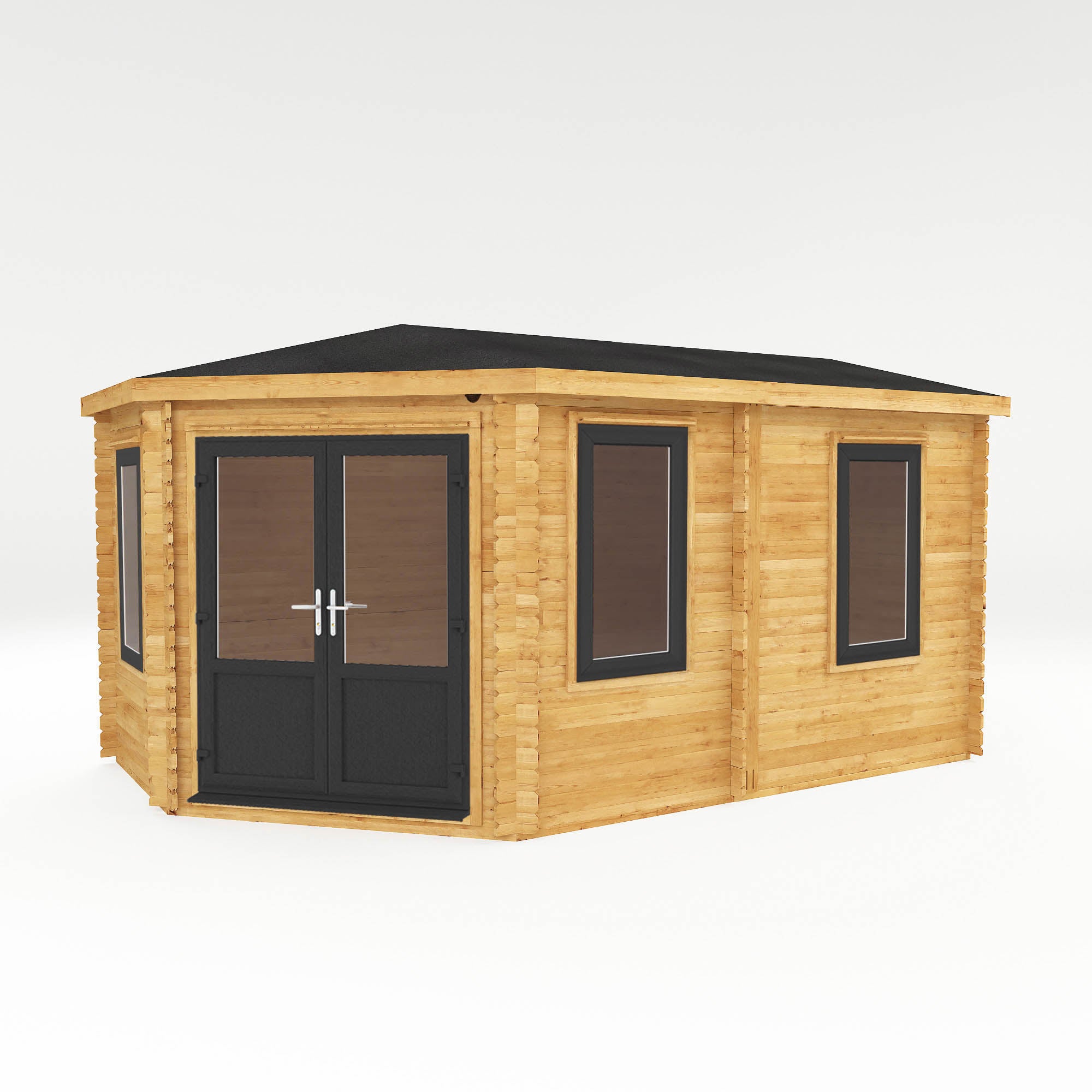 5m x 3m Corner Lodge Grande Log Cabin - UPVC Anthracite