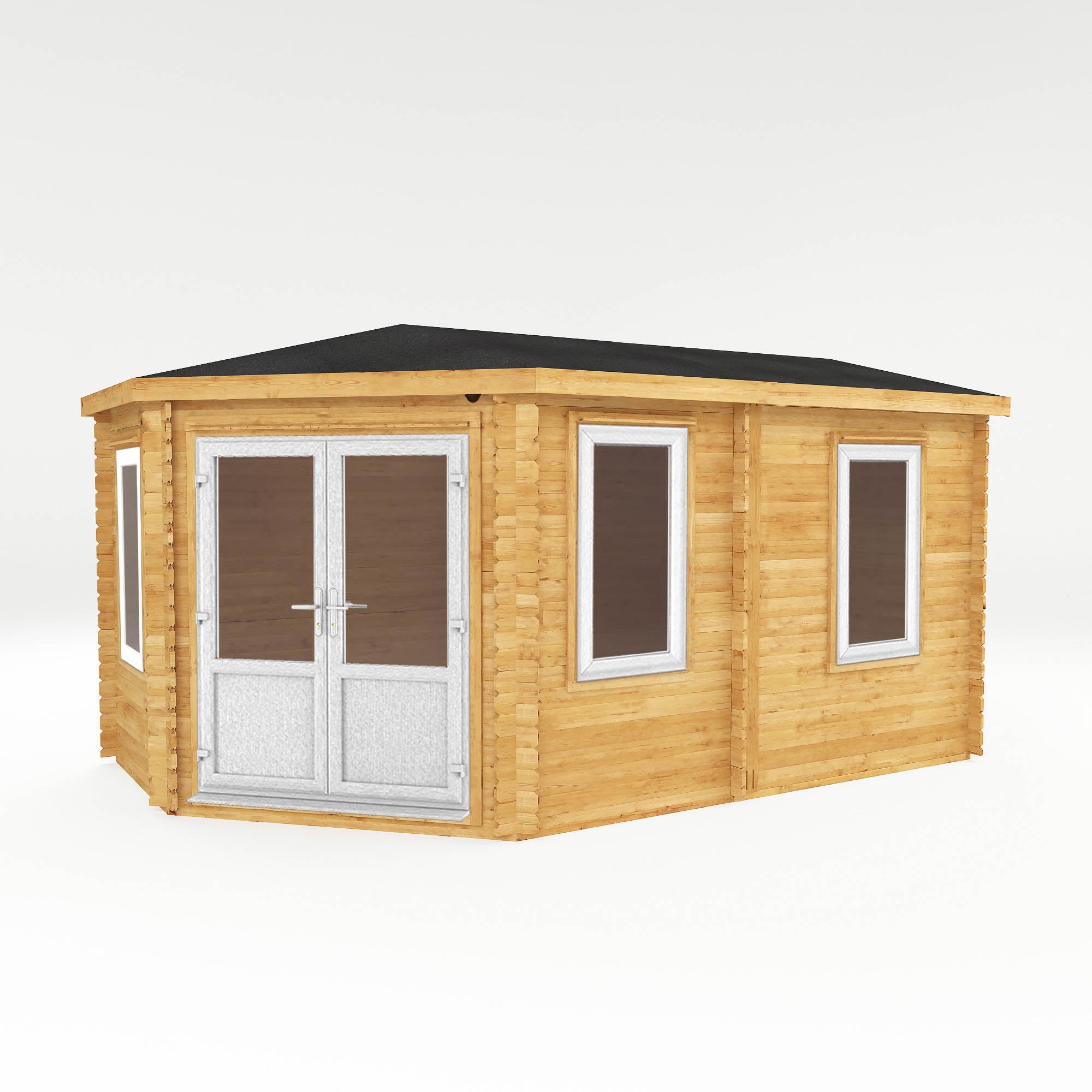 5m x 3m Corner Lodge Grande Log Cabin - UPVC White