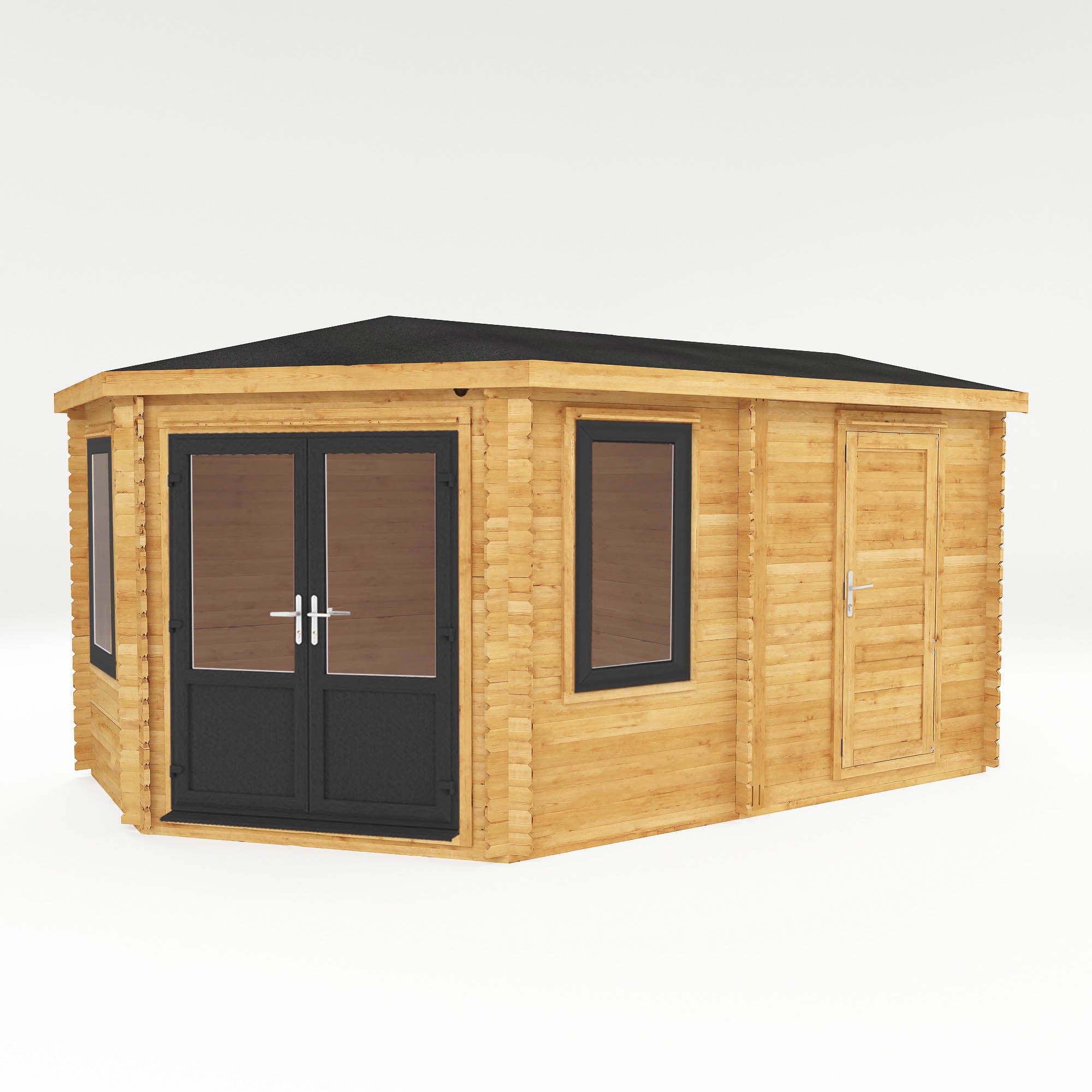 5m x 3m Corner Lodge Log Cabin With Side Shed - UPVC Anthracite