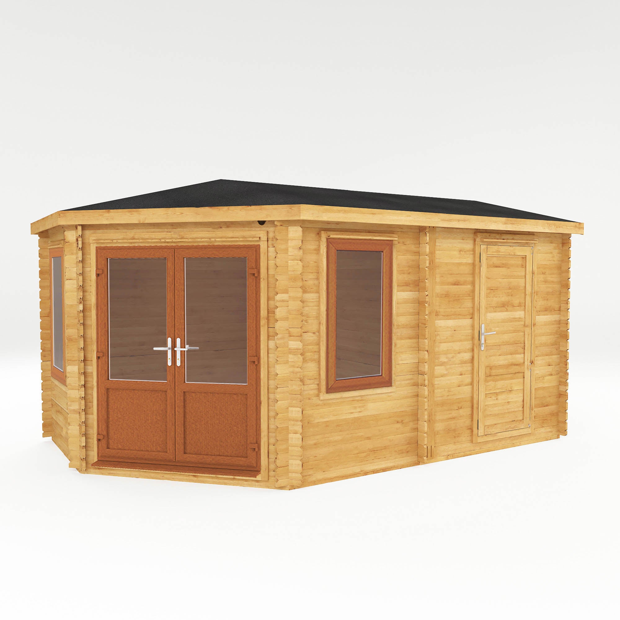 5m x 3m Corner Lodge Log Cabin With Side Shed - UPVC Oak