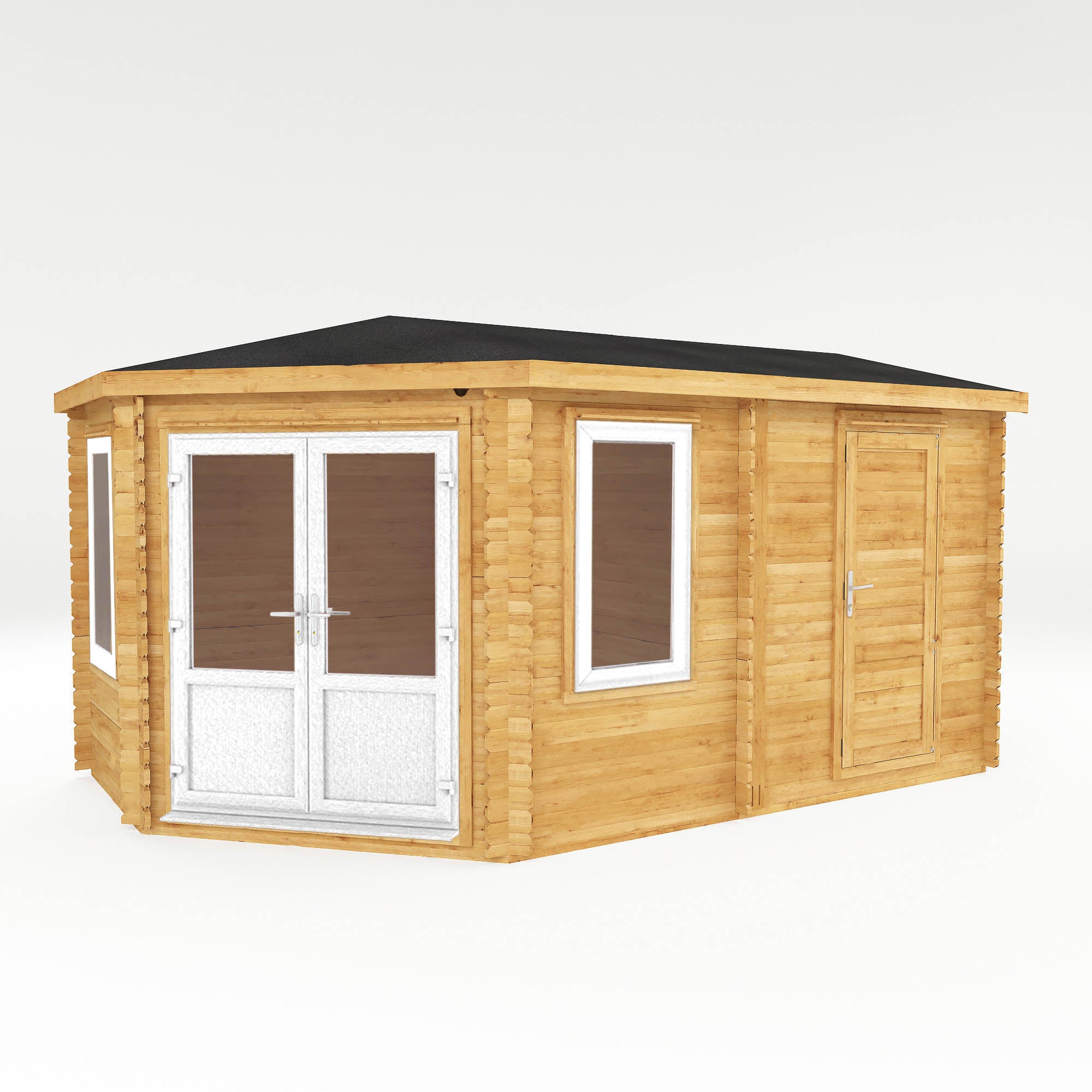 5m x 3m Corner Lodge Log Cabin With Side Shed - UPVC White