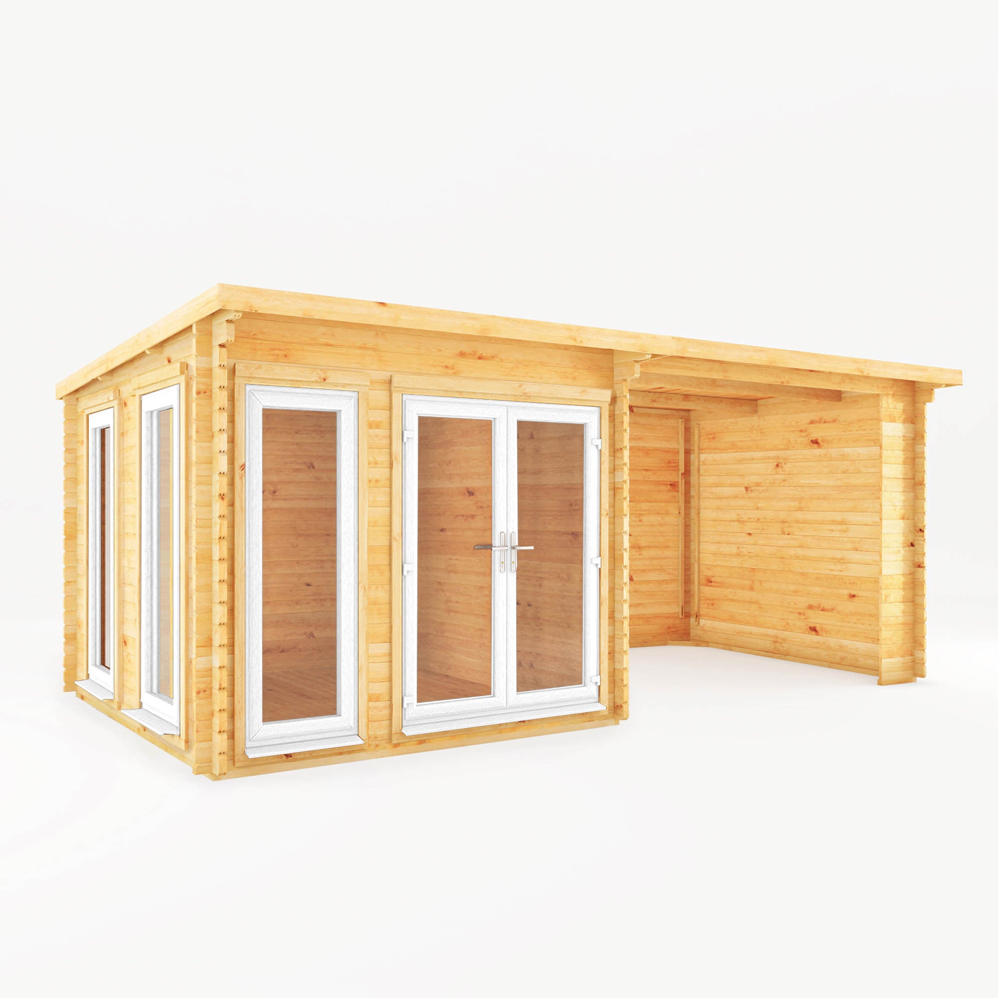 6m x 3m Studio Pent Log Cabin with Patio Area - UPVC White