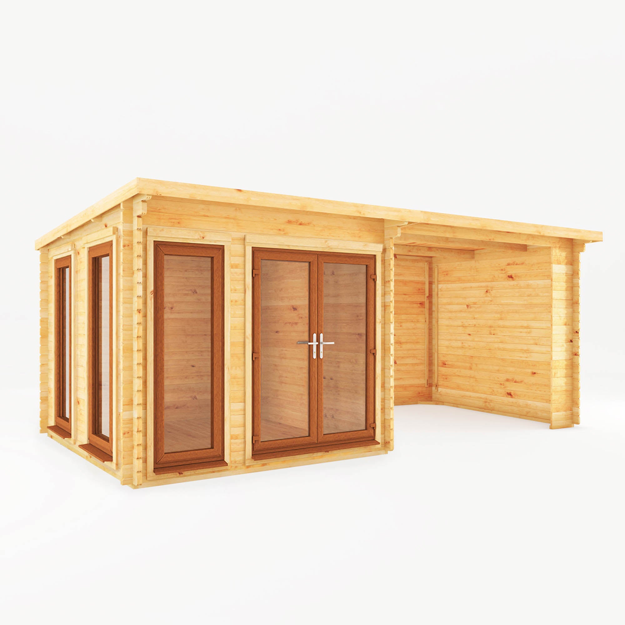 6m x 3m Studio Pent Log Cabin with Patio Area - UPVC Oak