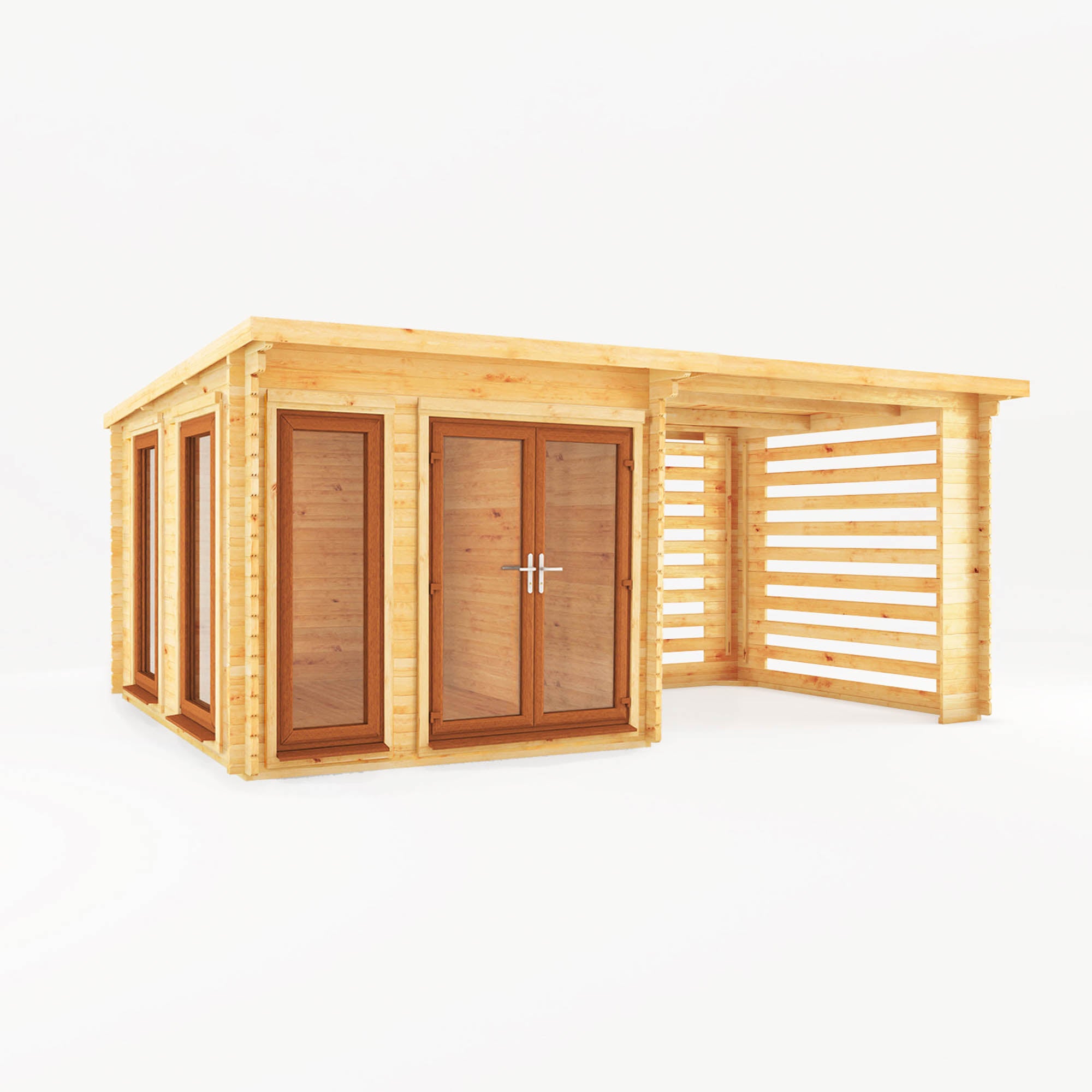 6m x 3m Studio Pent Log Cabin with Slatted Area - UPVC Oak