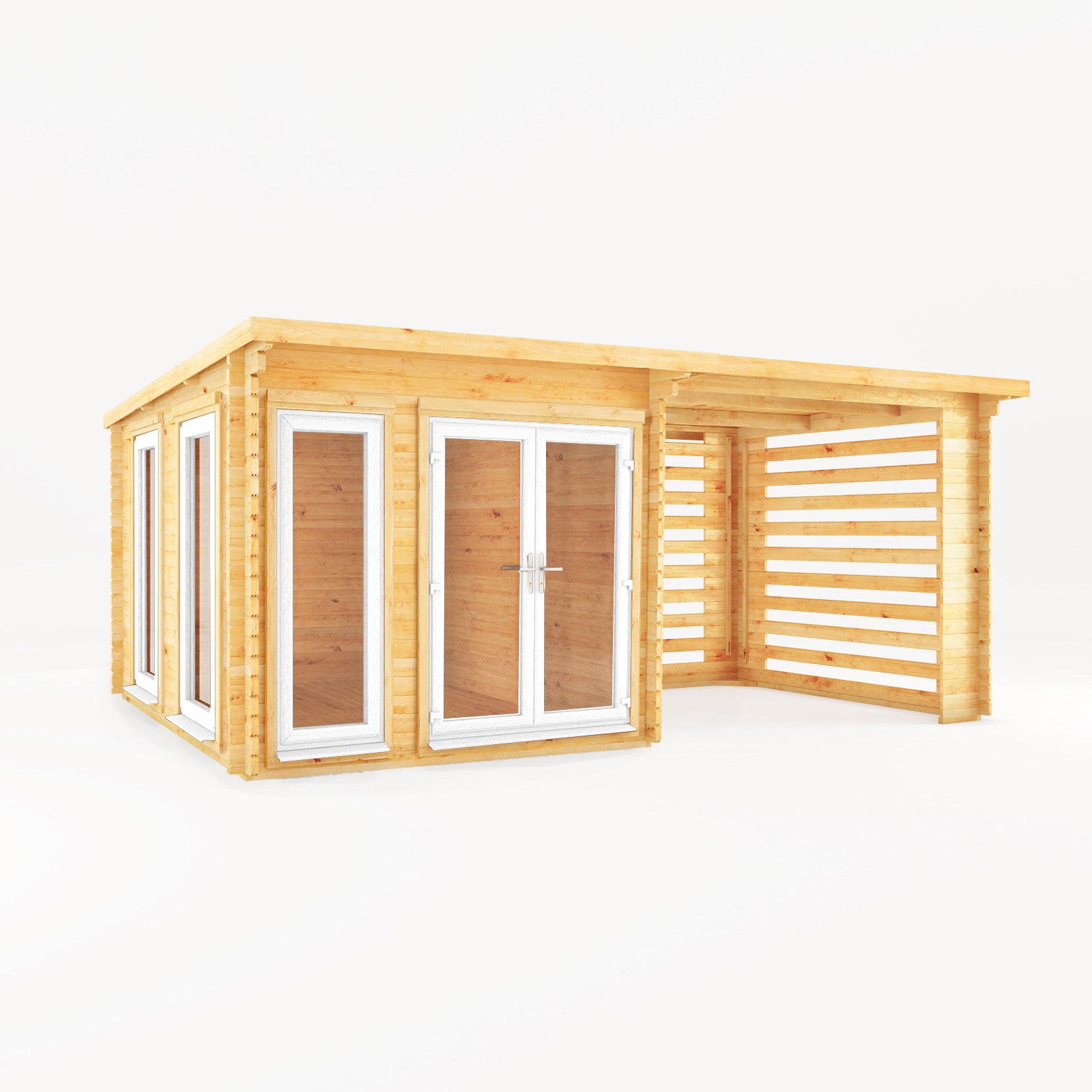 6m x 3m Studio Pent Log Cabin with Slatted Area - UPVC White