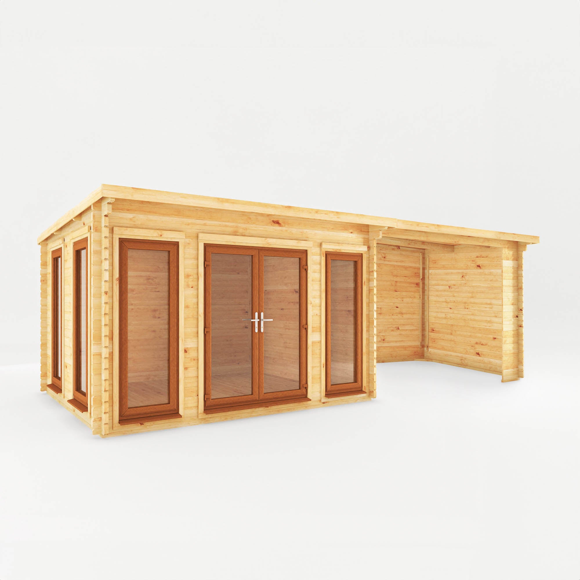 7m x 3m Studio Pent Log Cabin with Patio Area - UPVC Oak