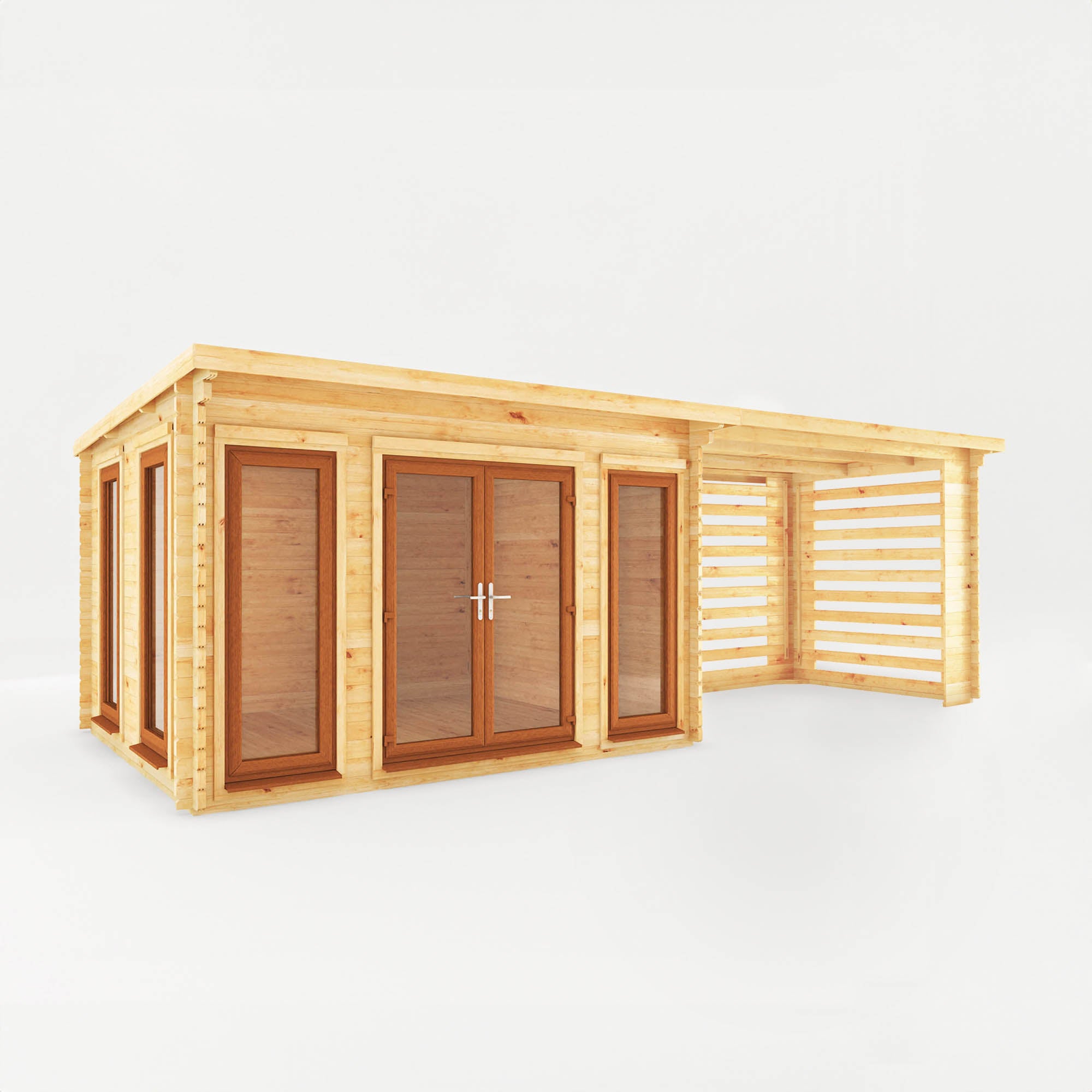 7m x 3m Studio Pent Log Cabin with Slatted Area - UPVC Oak