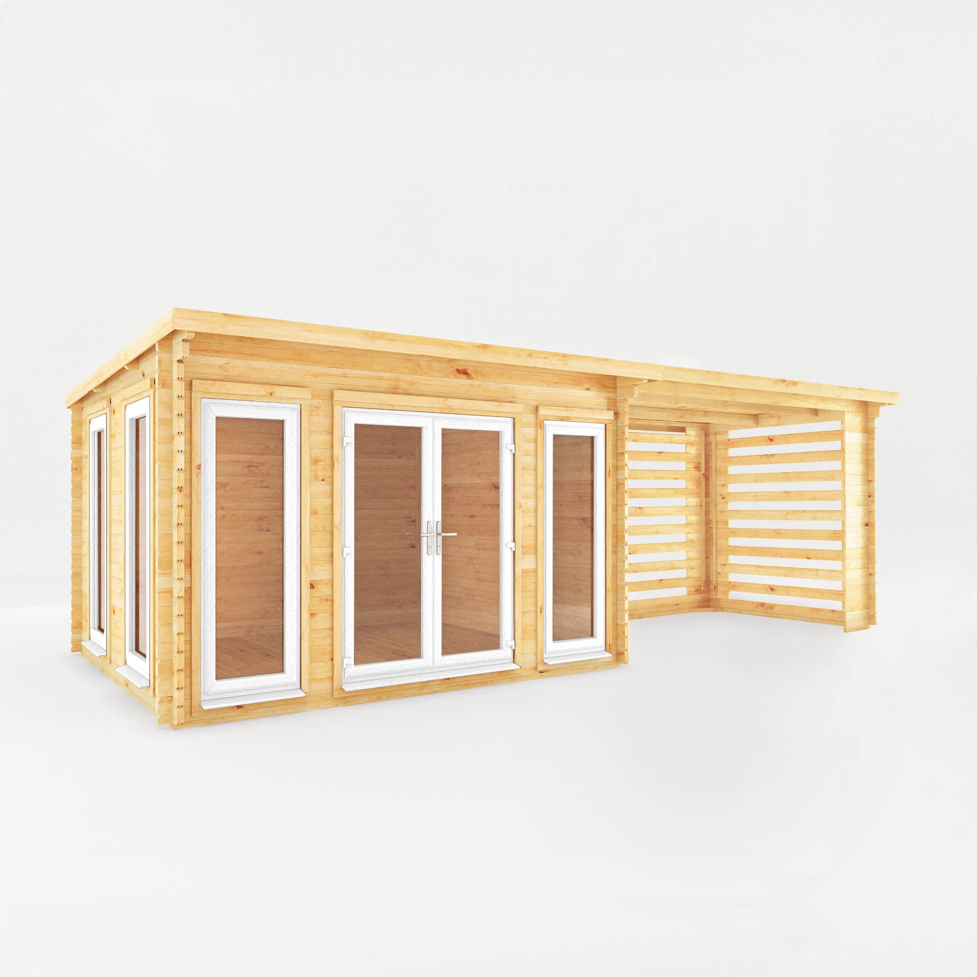 7m x 3m Studio Pent Log Cabin with Slatted Area - UPVC White