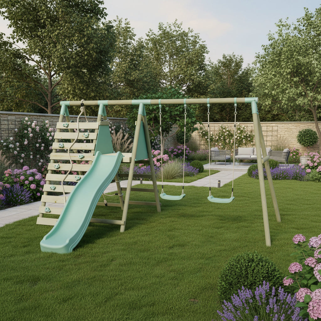 Double Swing with Climbing Wall & Slide